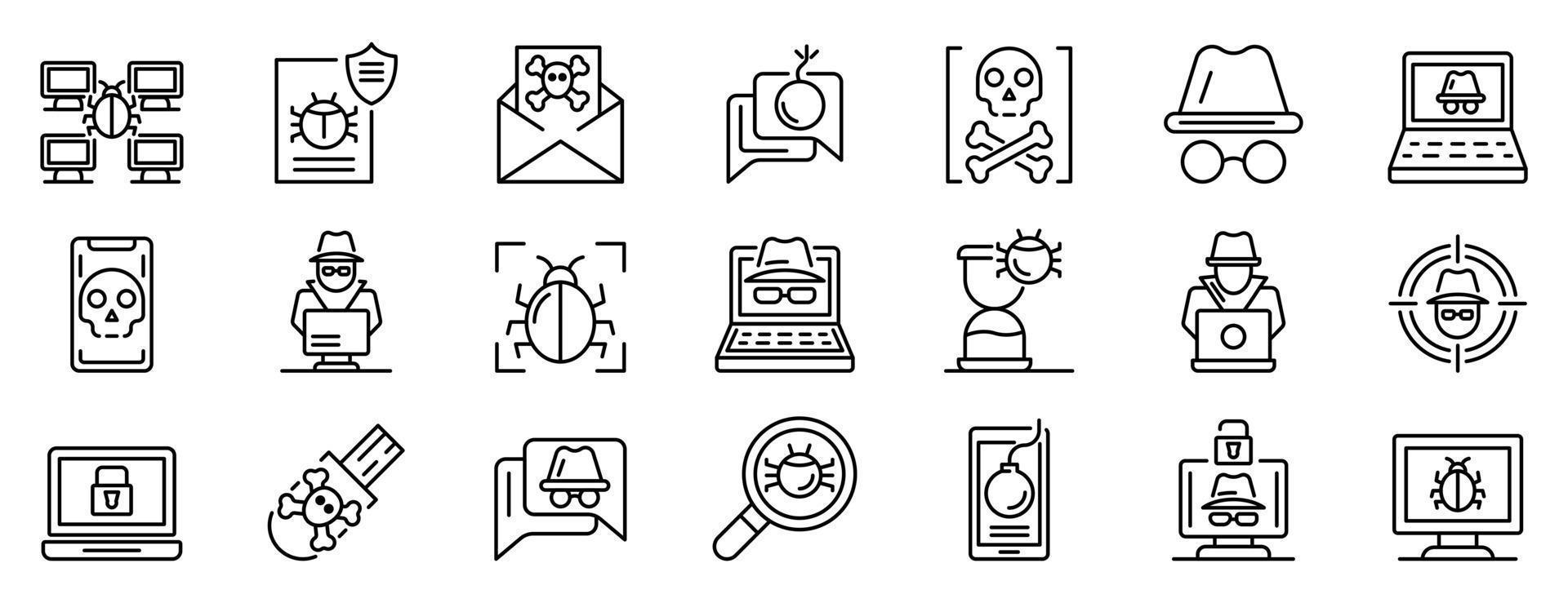 Hacker icons set, outline style vector