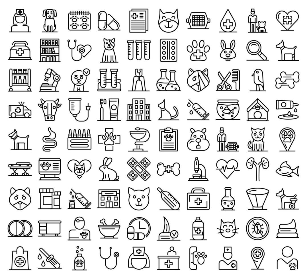 Veterinarian icons set, outline style vector