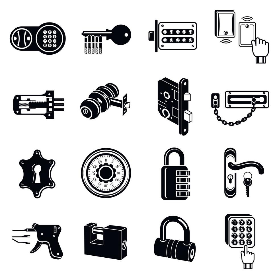Lock door types icons set, simple style vector