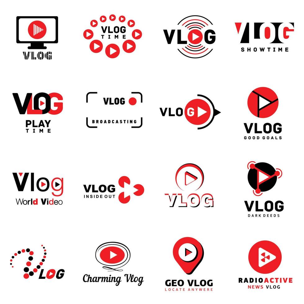 Vlog video channel logo icons set, simple style vector
