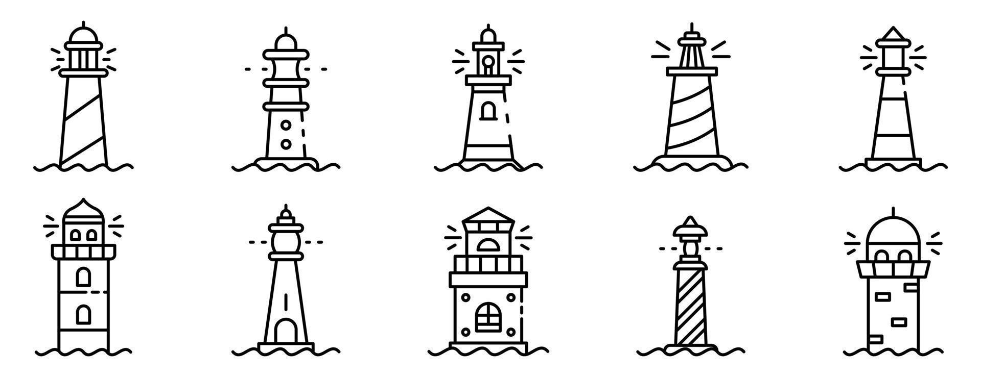Lighthouse icons set, outline style vector
