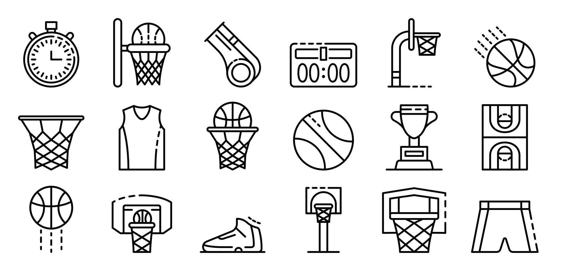 conjunto de iconos de equipo de baloncesto, estilo de esquema vector