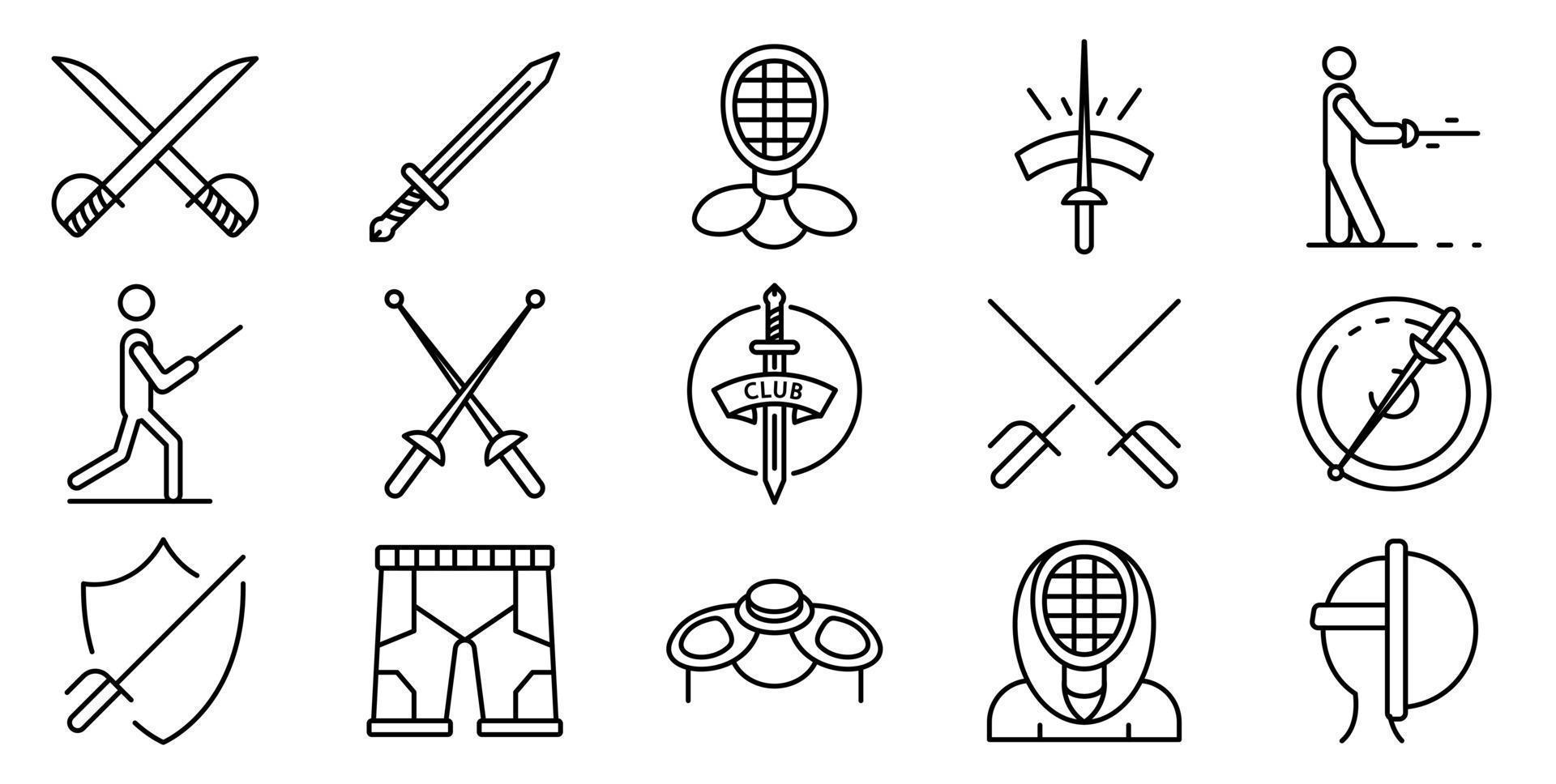 conjunto de iconos de esgrima, estilo de contorno vector