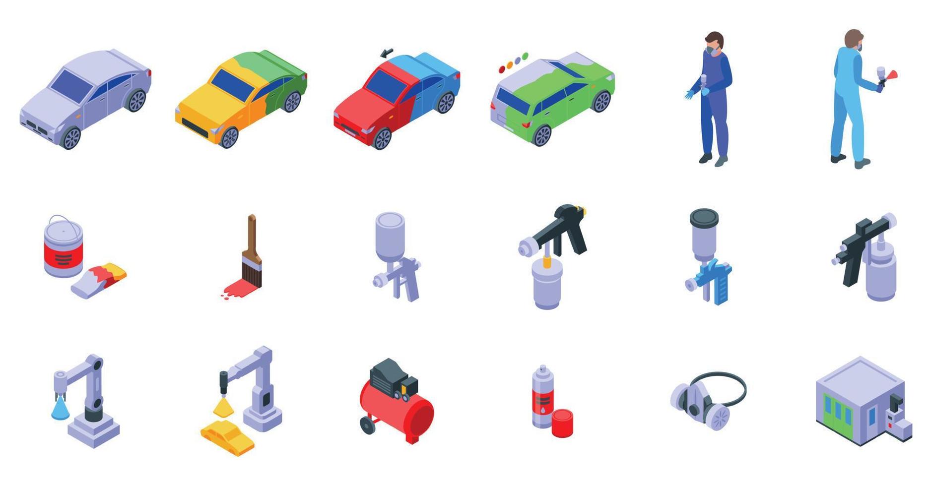 Car painting icons set isometric vector. Spray garage vector