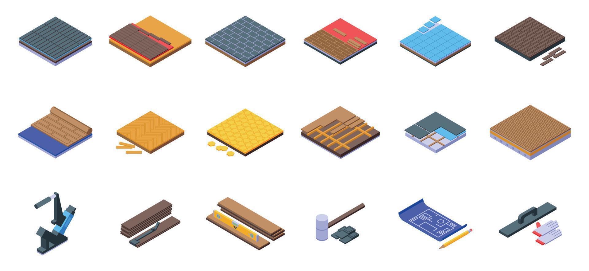 Floor installation icons set isometric vector. Wall wood vector