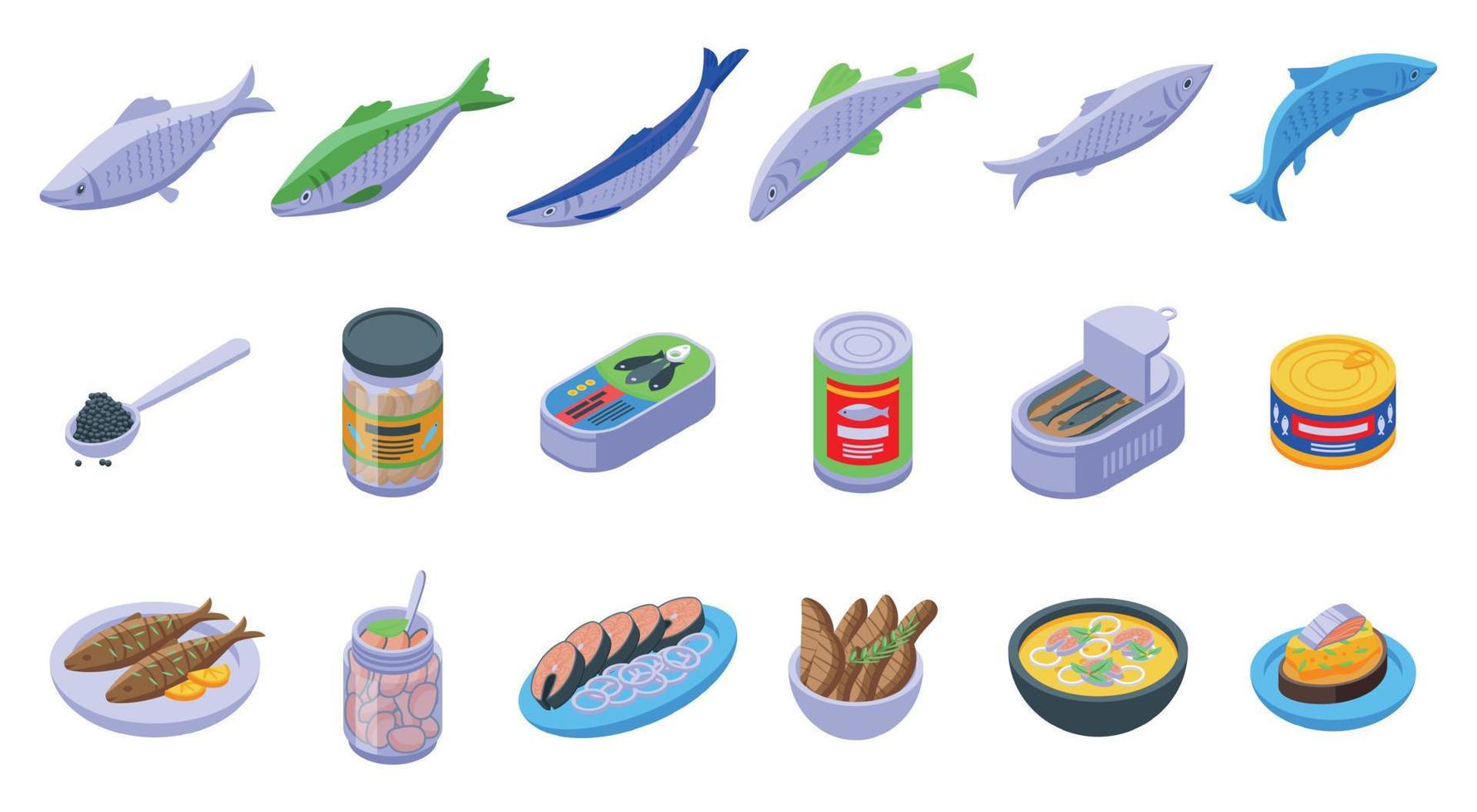 Herring icons set isometric vector. Fish cod vector