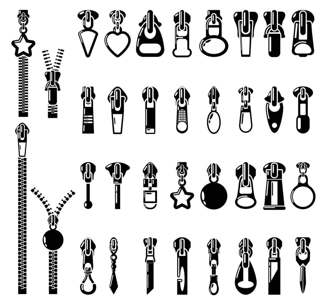 Metal zipper puller icons set, simple style vector