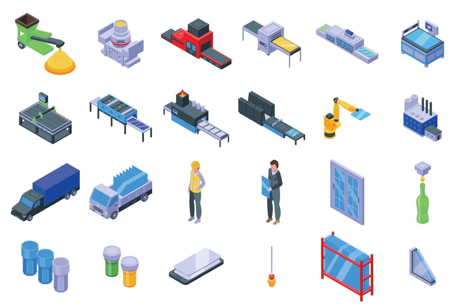 Glass production icons set isometric vector. Raw manufacturing vector