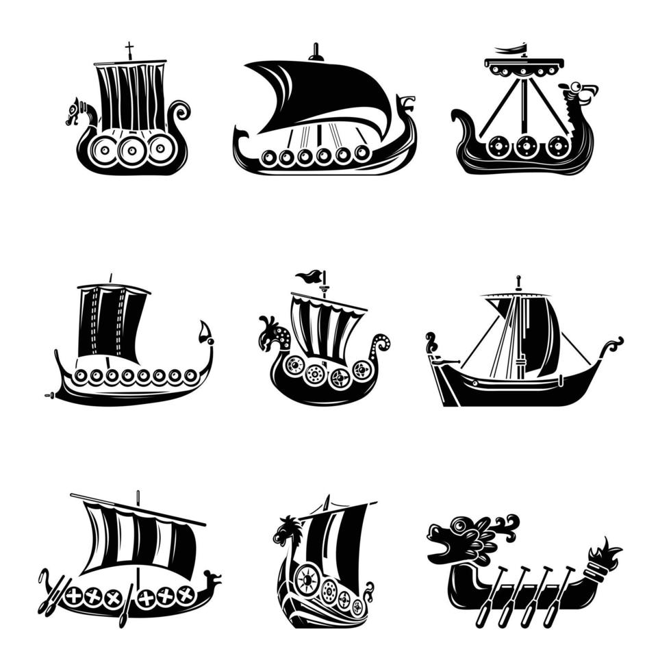 Viking ship boat drakkar icons set, simple style vector