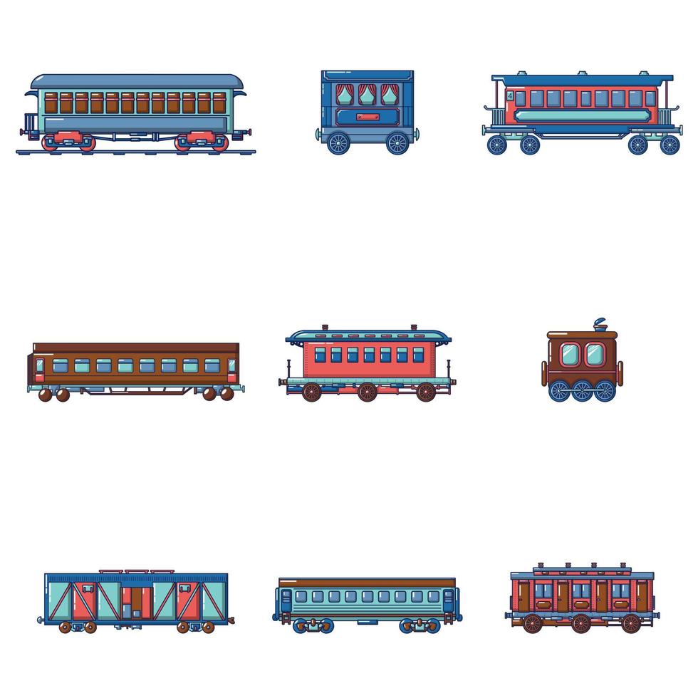 Subway train metro icons set, cartoon style vector