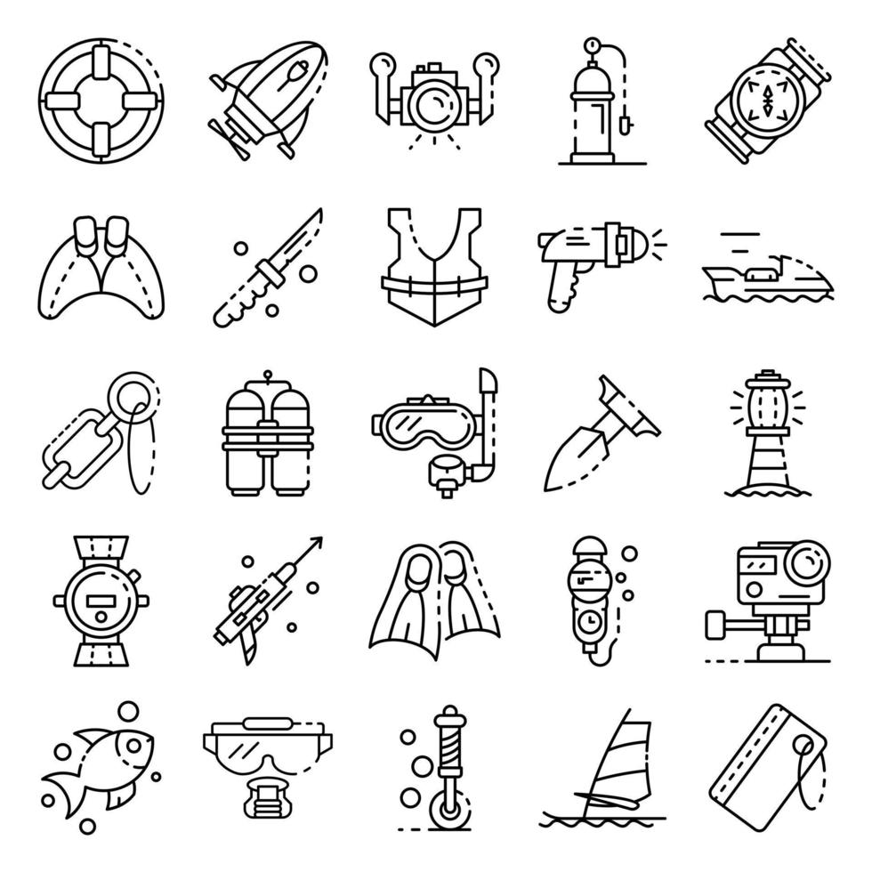 Snorkeling equipment icons set, outline style vector