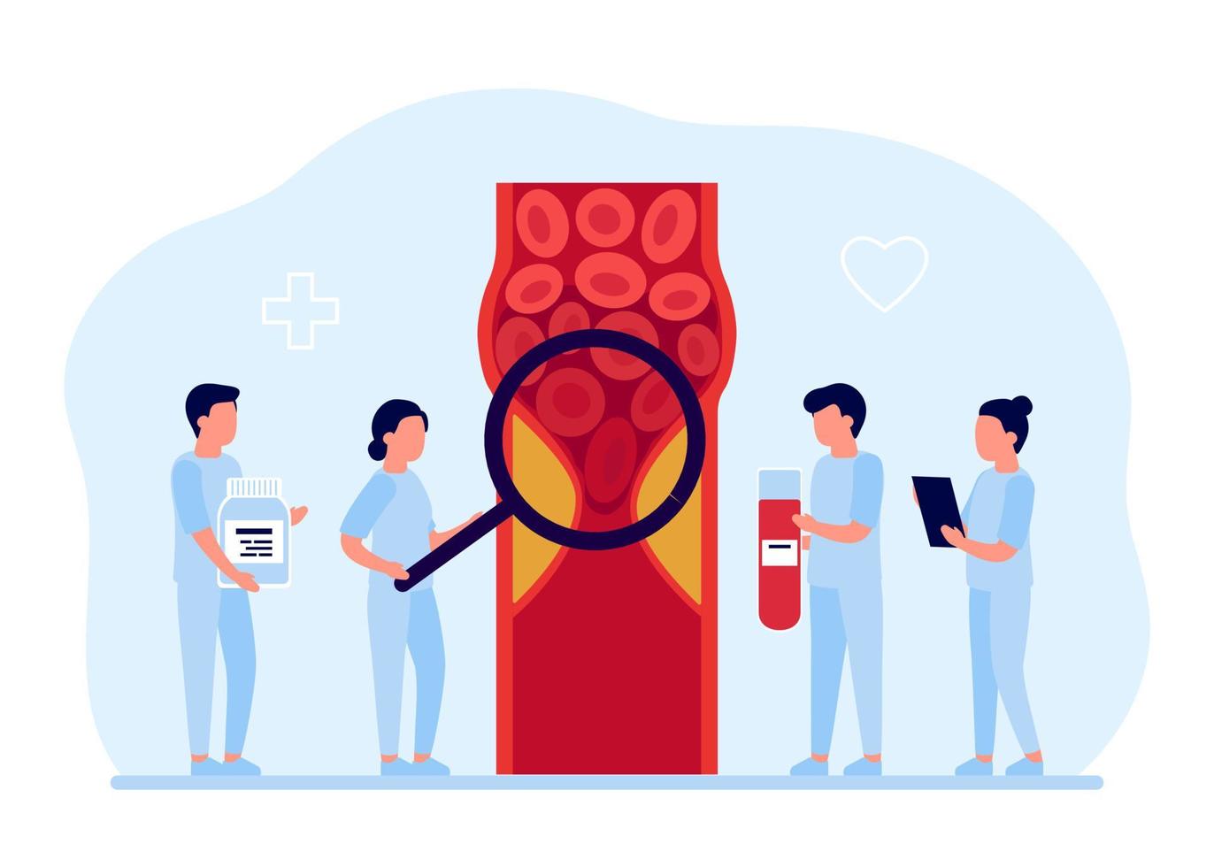 Blood clot, medicine aid for thrombus in vein or artery. Deep vein thrombosis DVT, artery and vein cholesterol sick, abnormally of blood vascular flow. Blocked circulation in blood vessel. Vector