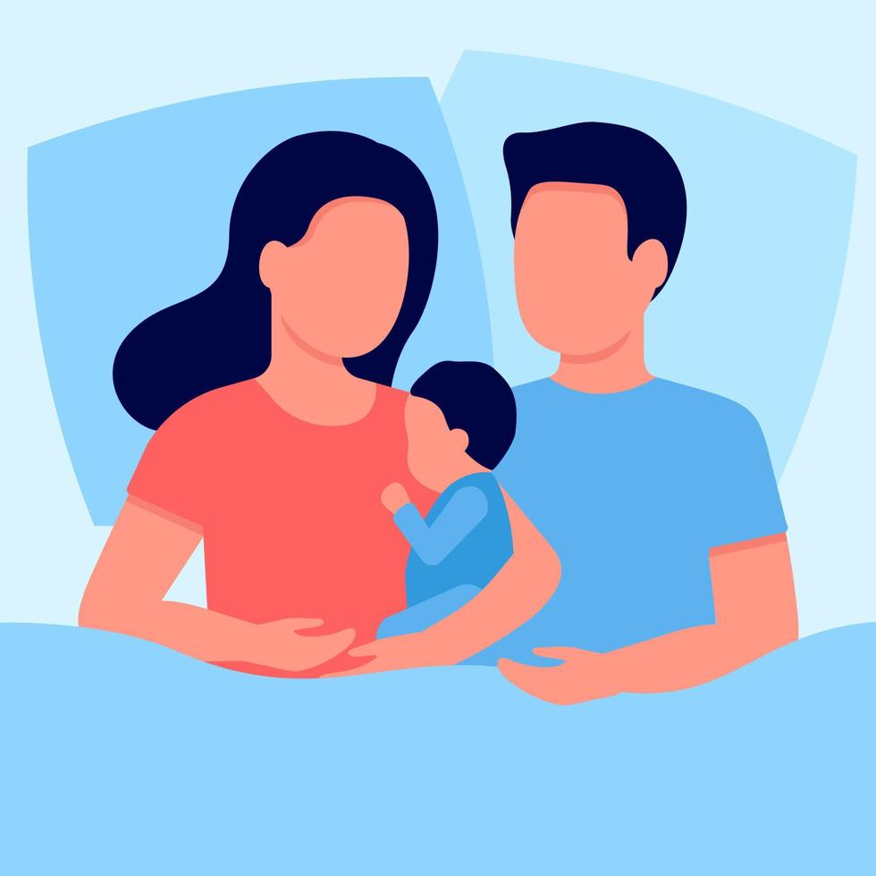 Mother and father sleeps with her newborn baby in bed. Family care for child and comfort relaxation. Breastfeeding, parenthood. Woman and man sleep together with kid. Vector illustration