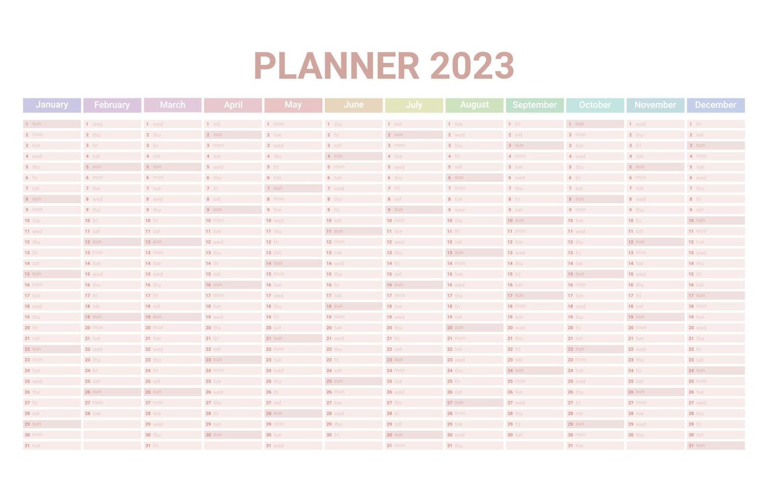 Planner English calendar of 2023 year, template schedule calender with 12 vertical months on one page. Wall organizer, yearly planner template. Vector illustration