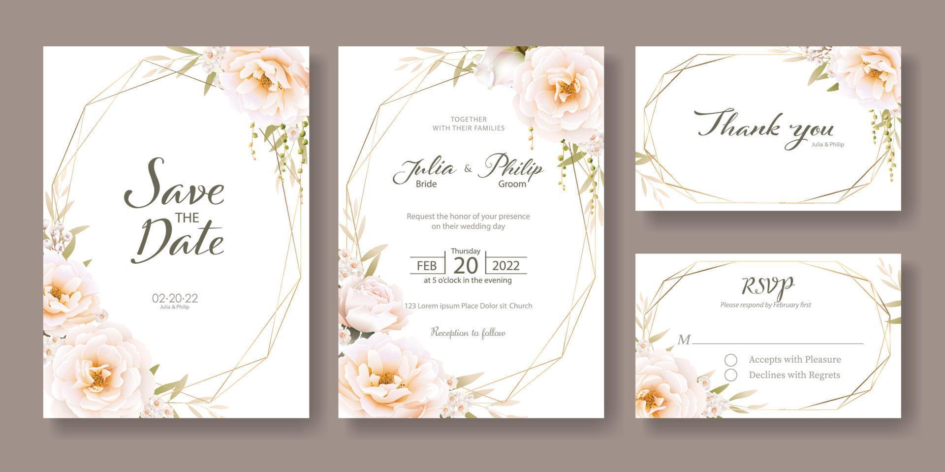 conjunto de tarjeta de invitación de boda floral, guarde la fecha, gracias, plantilla rsvp. vector. rosa romántica con vegetación. vector