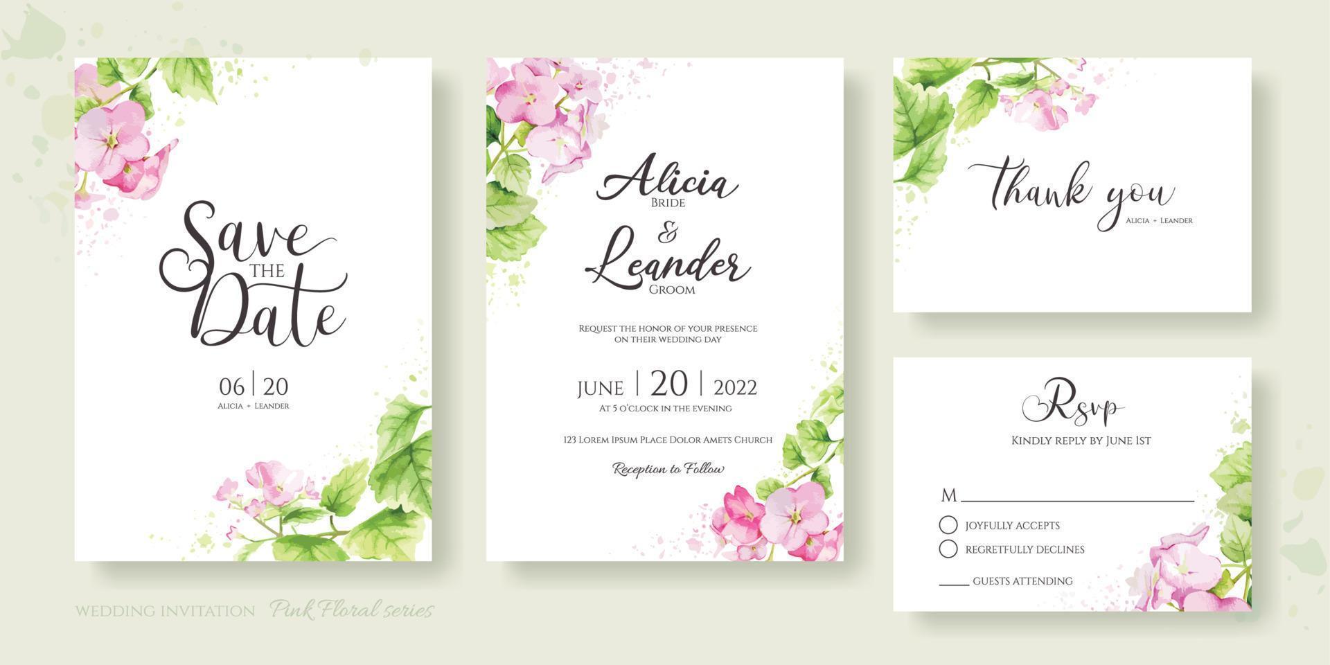 conjunto de tarjeta de invitación de boda floral, guarde la fecha, gracias, plantilla rsvp. hortensia, flor rosa y vegetación. estilo acuarela vector