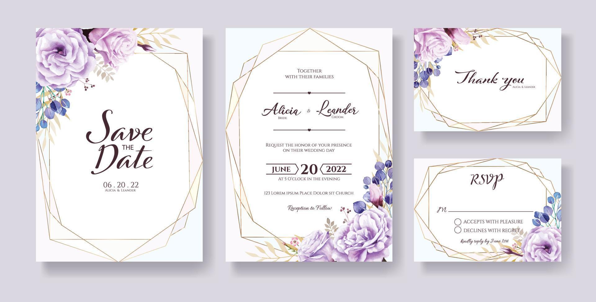 invitación de boda, guardar la fecha, gracias, plantilla de diseño de tarjeta rsvp. vector. flores de rosa púrpura, hojas de dólar de plata. vector