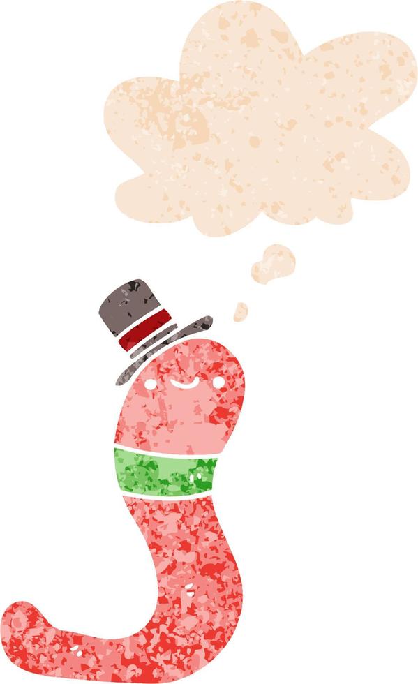 cute cartoon worm and thought bubble in retro textured style vector