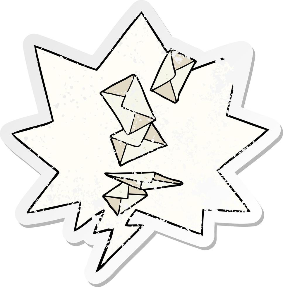cartoon envelopes falling and speech bubble distressed sticker vector