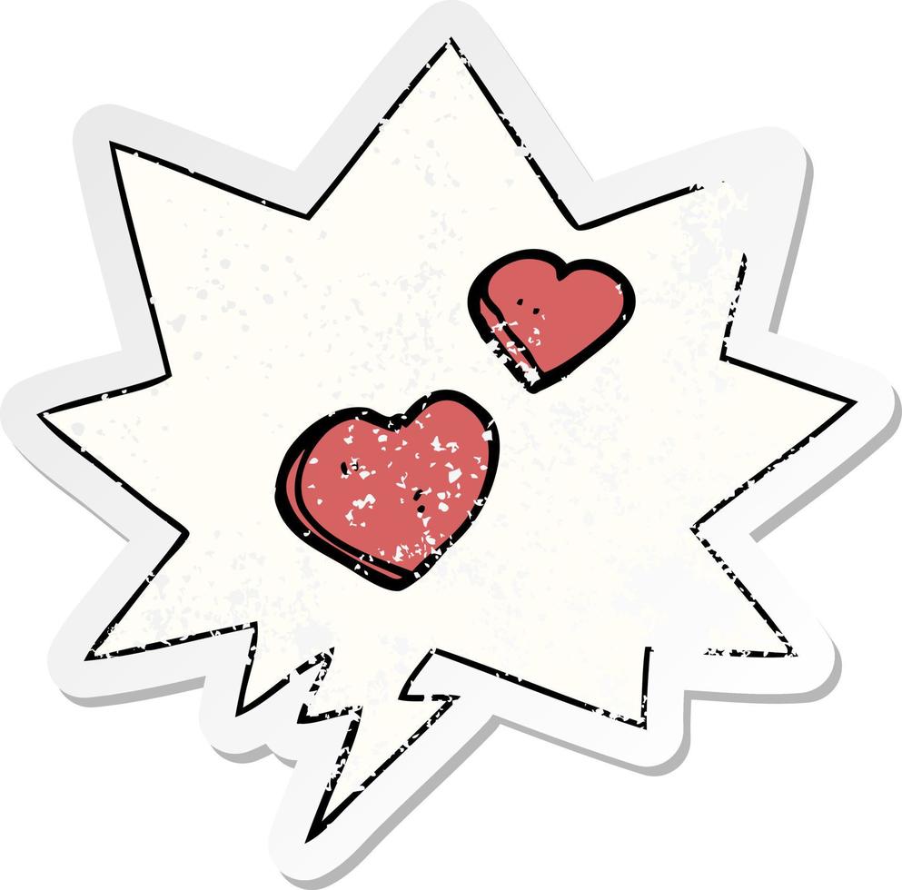 cartoon love hearts and speech bubble distressed sticker vector