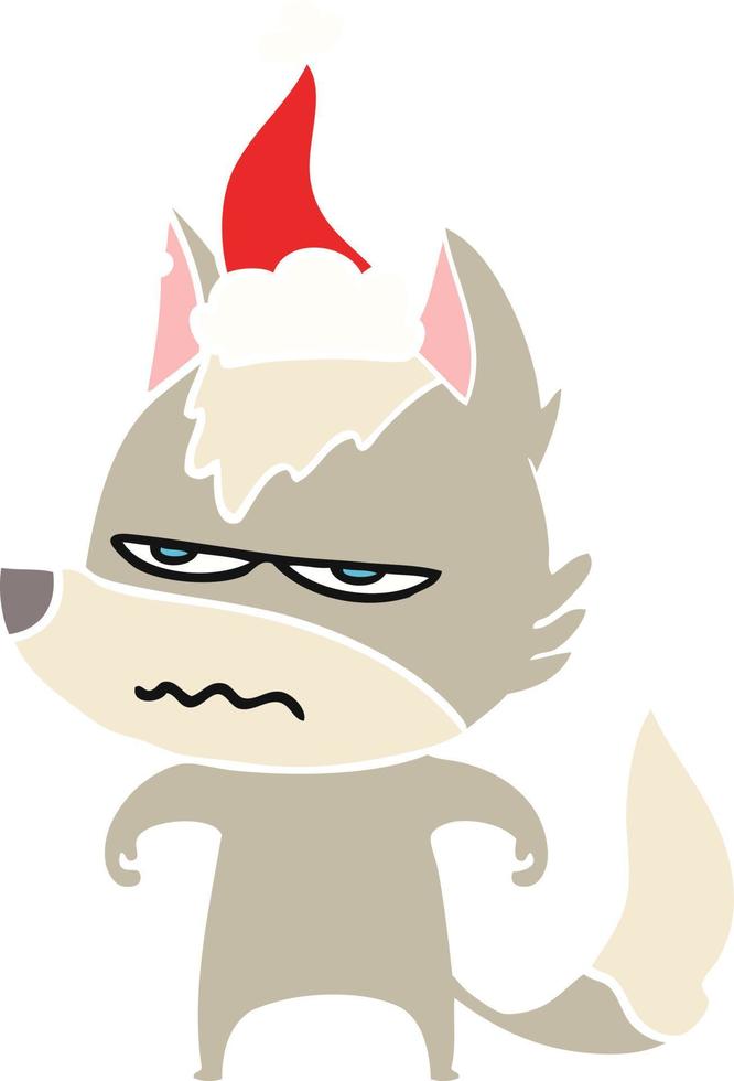 flat color illustration of a annoyed wolf wearing santa hat vector