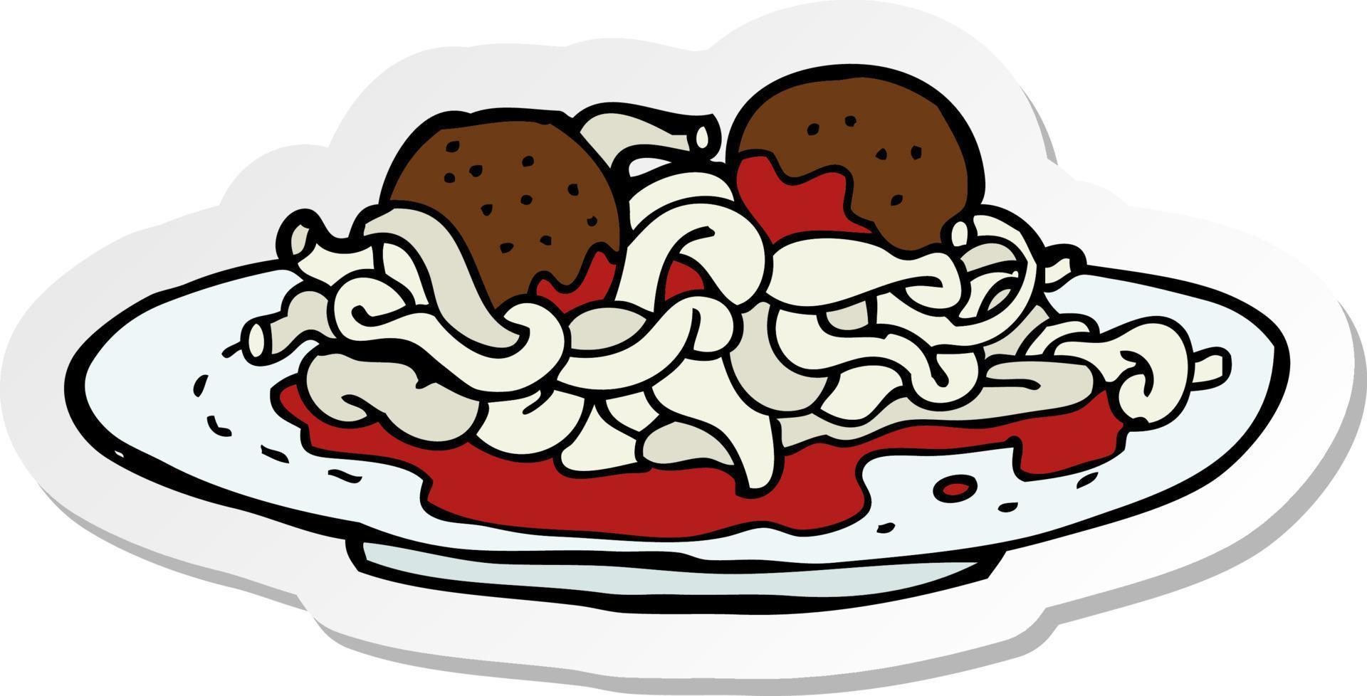 sticker of a cartoon spaghetti and meatballs vector