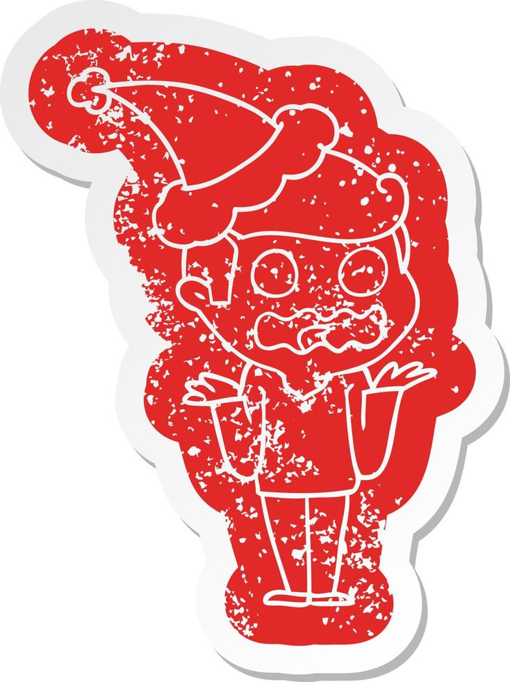 cartoon distressed sticker of a man totally stressed out wearing santa hat vector