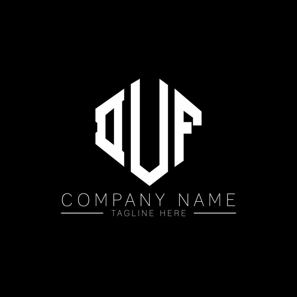 DUF letter logo design with polygon shape. DUF polygon and cube shape logo design. DUF hexagon vector logo template white and black colors. DUF monogram, business and real estate logo.