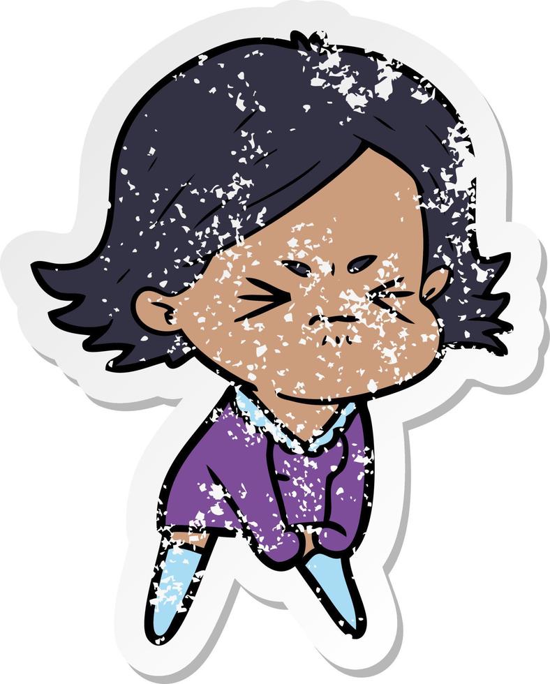 distressed sticker of a cartoon angry woman vector