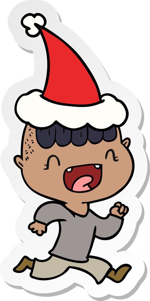 sticker cartoon of a happy boy laughing and running away wearing santa hat vector