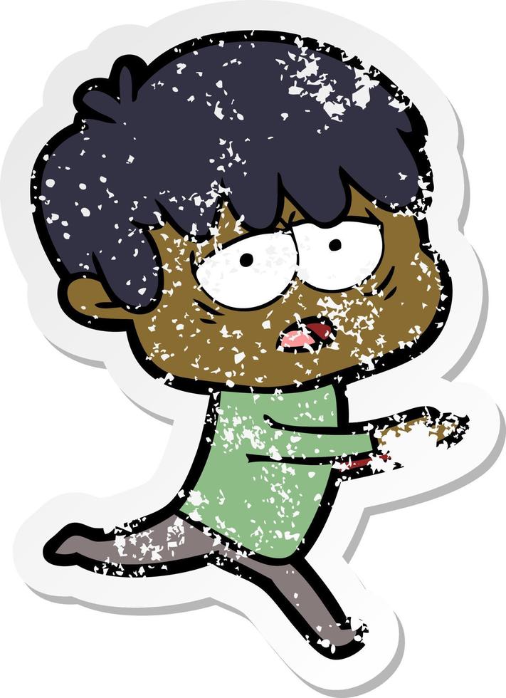 distressed sticker of a cartoon exhausted boy vector