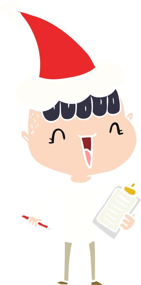 flat color illustration of a happy boy surprised wearing santa hat vector