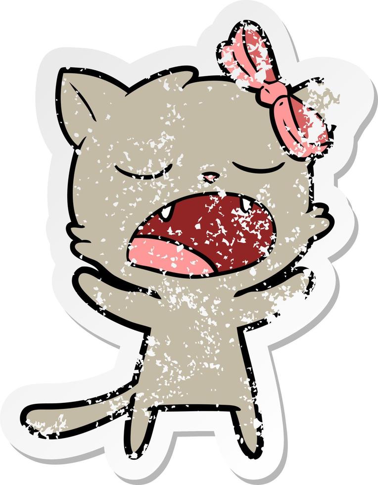 distressed sticker of a cartoon yawning cat vector