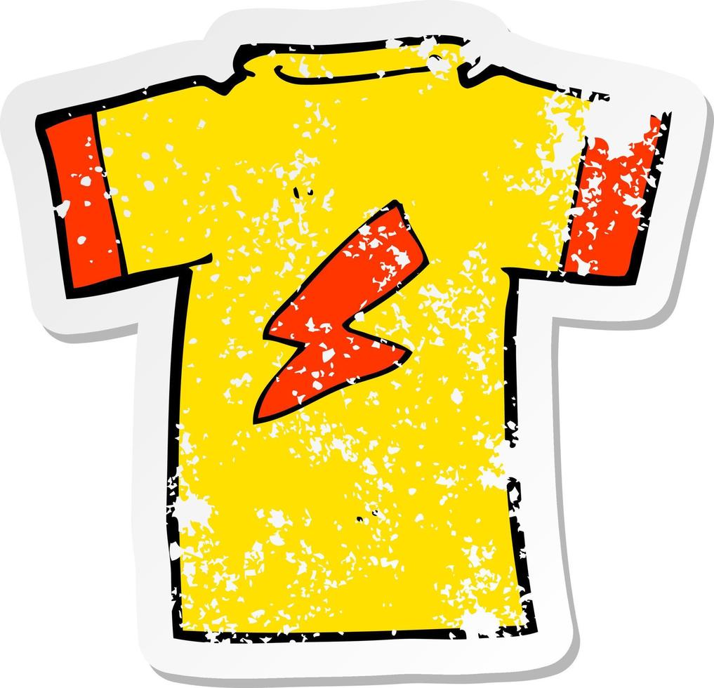 retro distressed sticker of a cartoon t shirt with lightning bolt vector