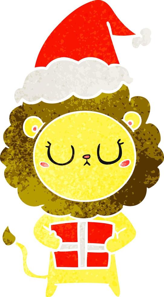 retro cartoon of a lion with christmas present wearing santa hat vector