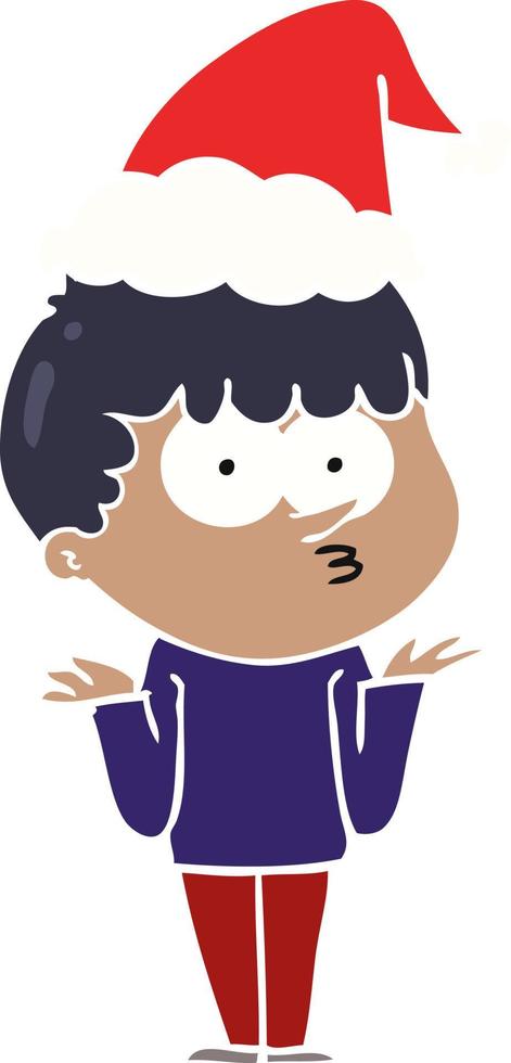 flat color illustration of a curious boy shrugging shoulders wearing santa hat vector