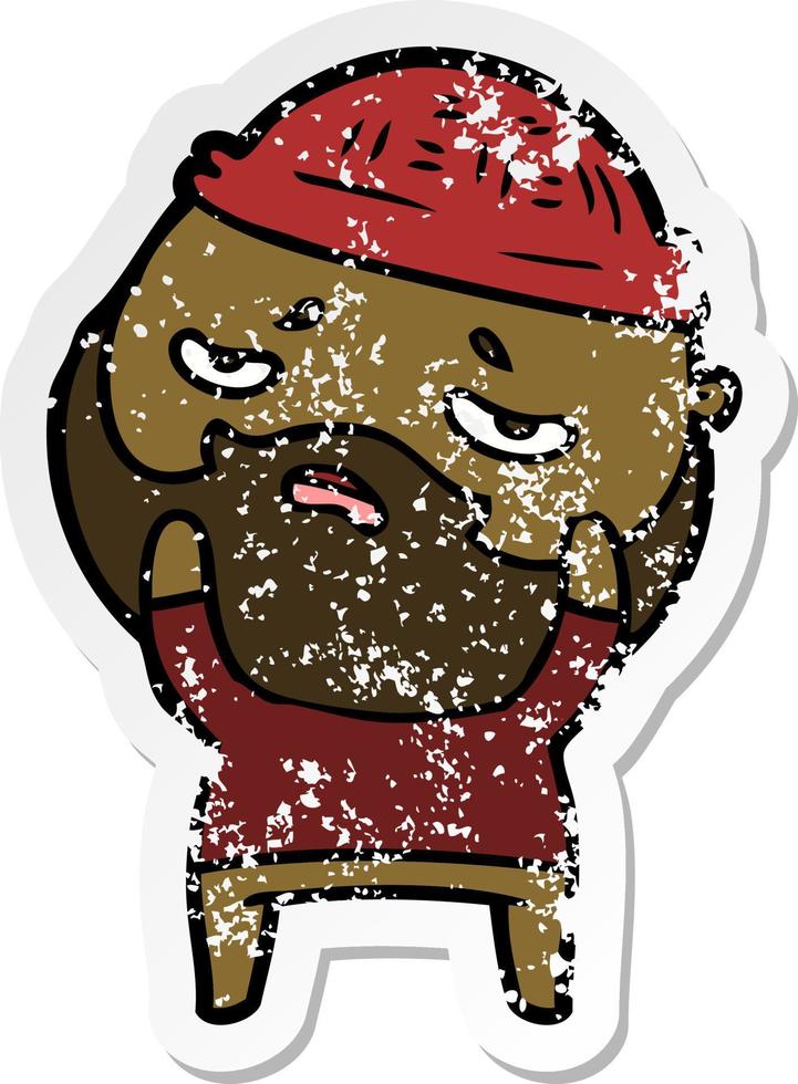 distressed sticker of a cartoon worried man with beard vector