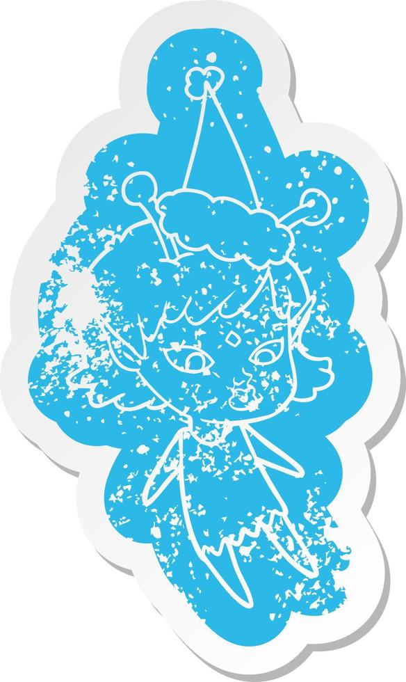 pretty cartoon distressed sticker of a alien girl wearing santa hat vector