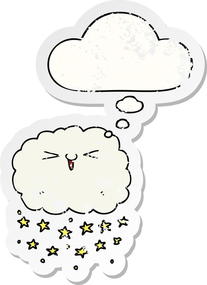 happy cartoon cloud and thought bubble as a distressed worn sticker vector