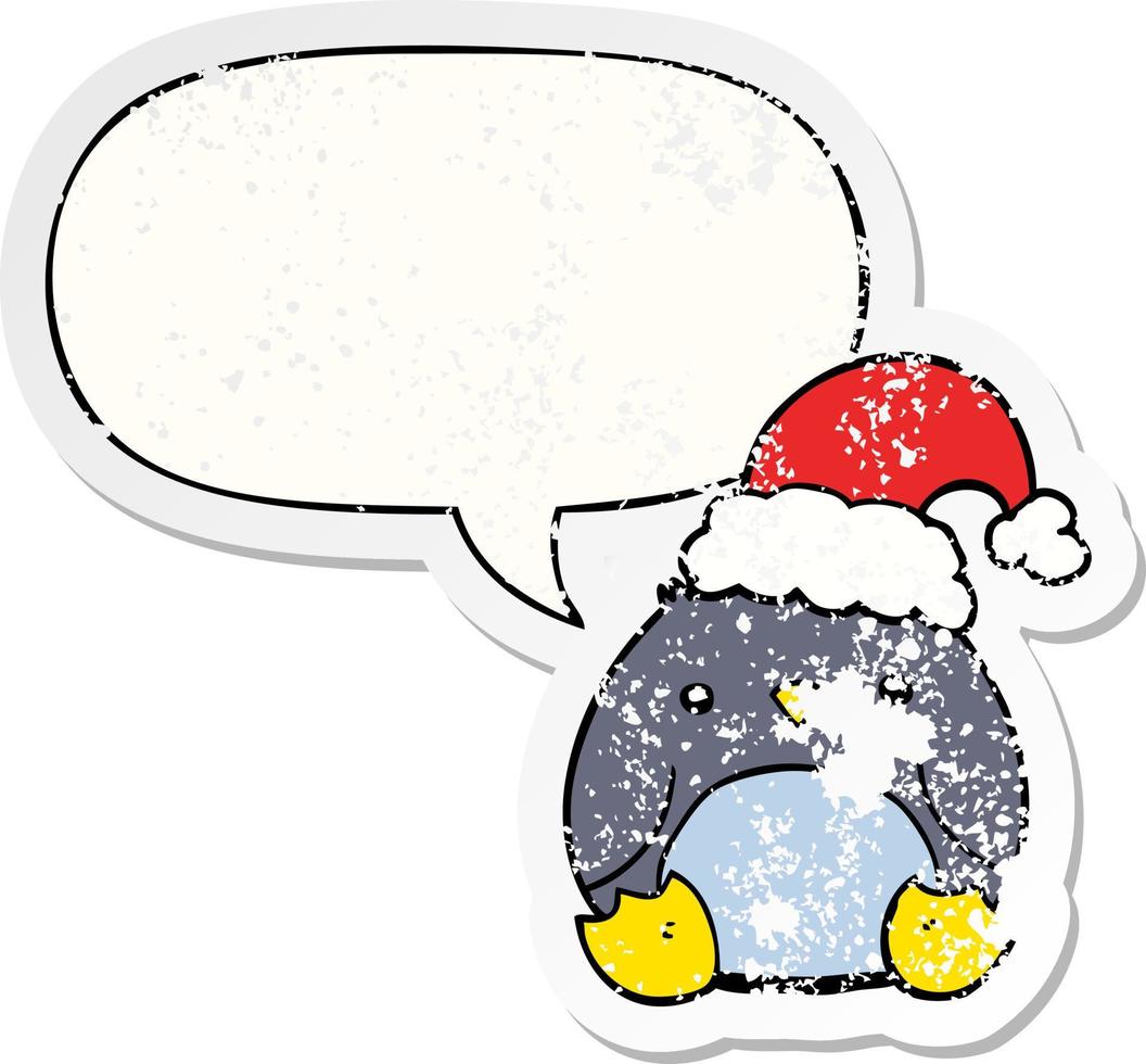 cute cartoon penguin wearing christmas hat and speech bubble distressed sticker vector