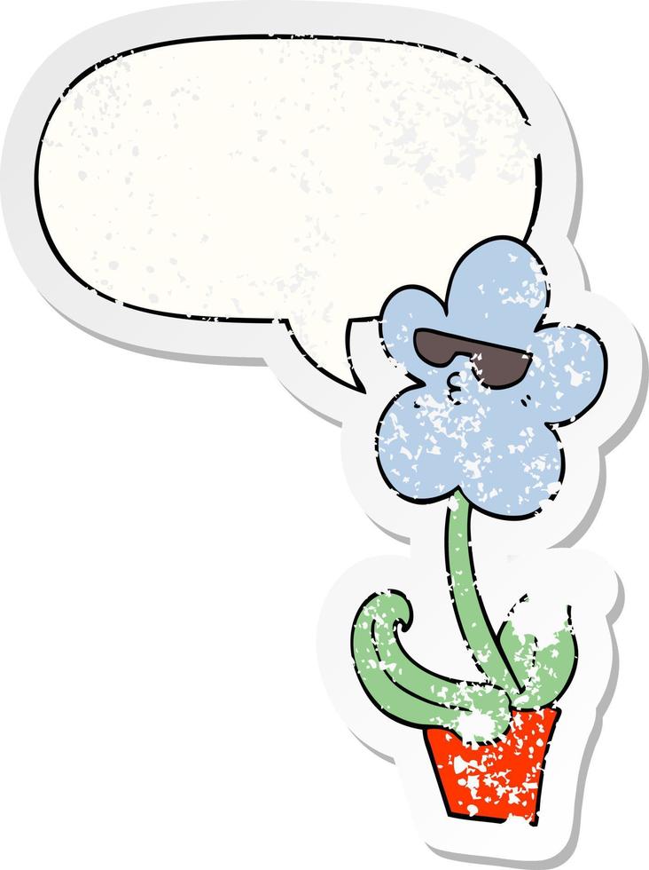 cool cartoon flower and speech bubble distressed sticker vector