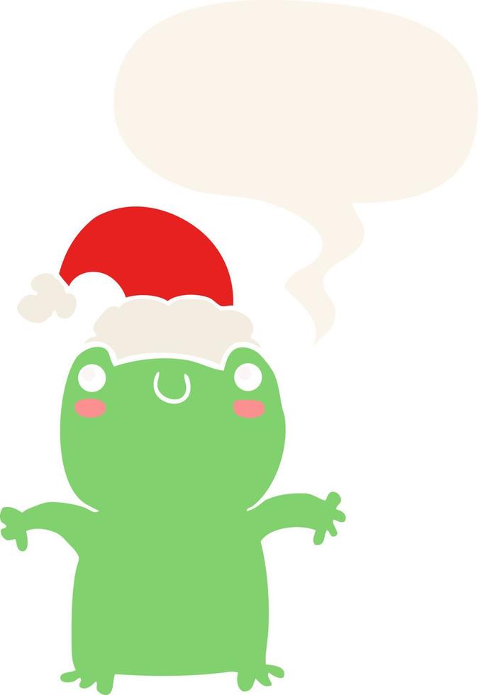 cute cartoon frog wearing christmas hat and speech bubble in retro style vector