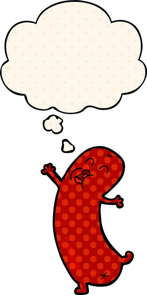 cartoon dancing sausage and thought bubble in comic book style vector