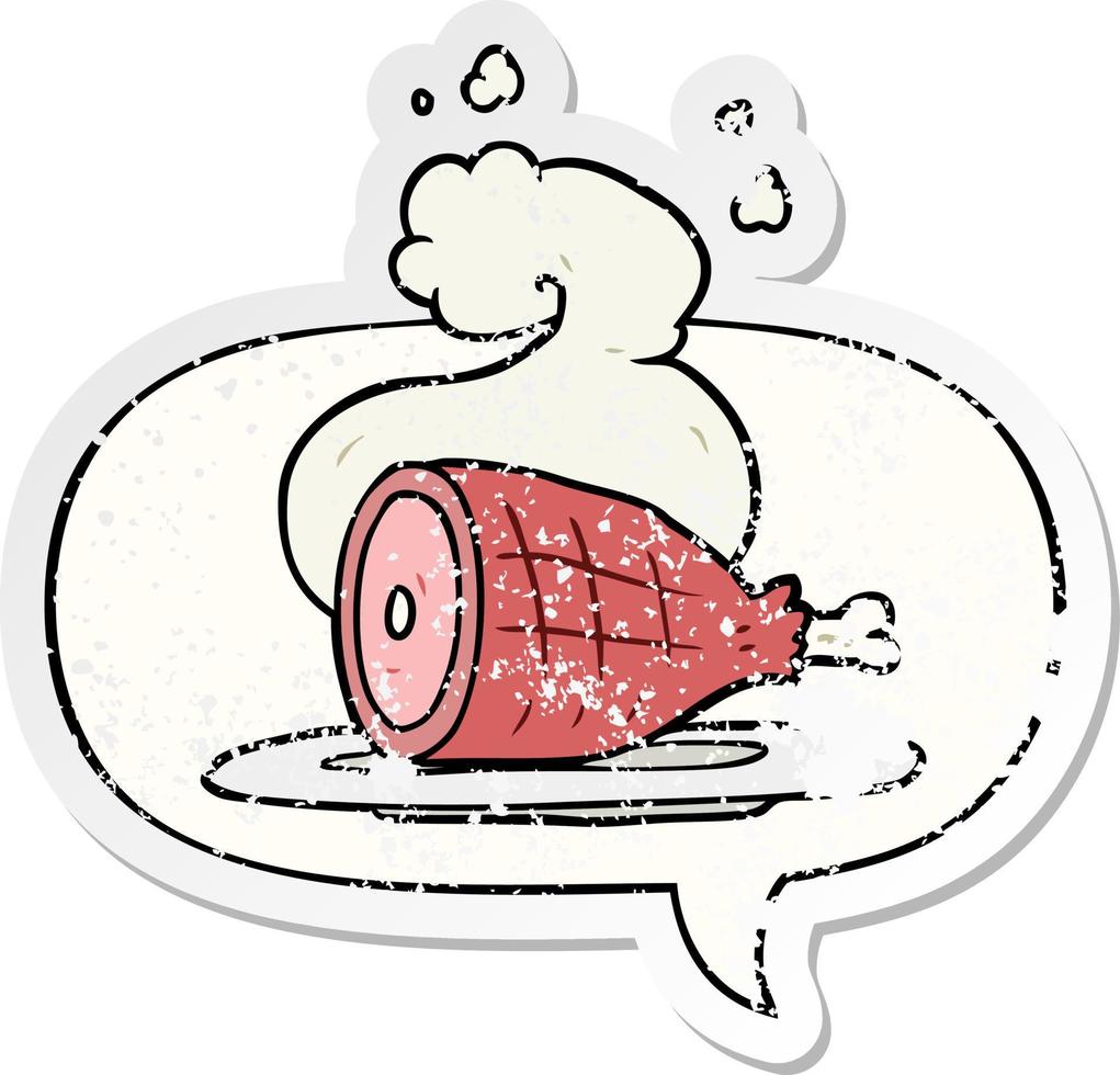 cartoon cooked meat and speech bubble distressed sticker vector