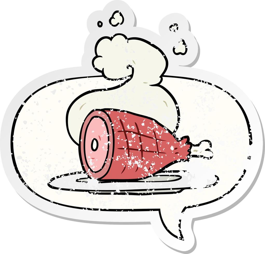 dibujos animados de carne cocida y burbuja de habla pegatina angustiada vector