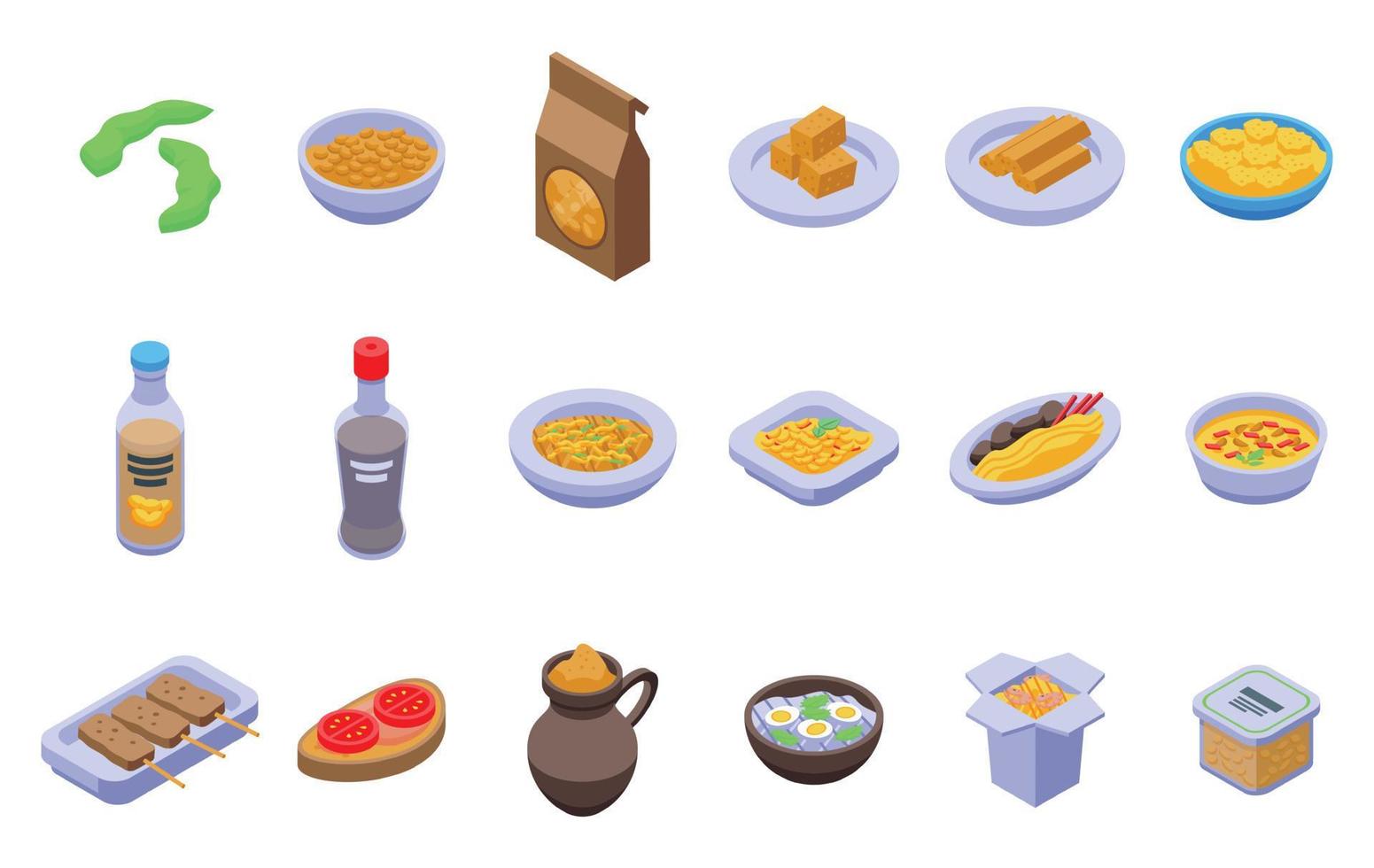 Soy food icons set isometric vector. Milk soya vector