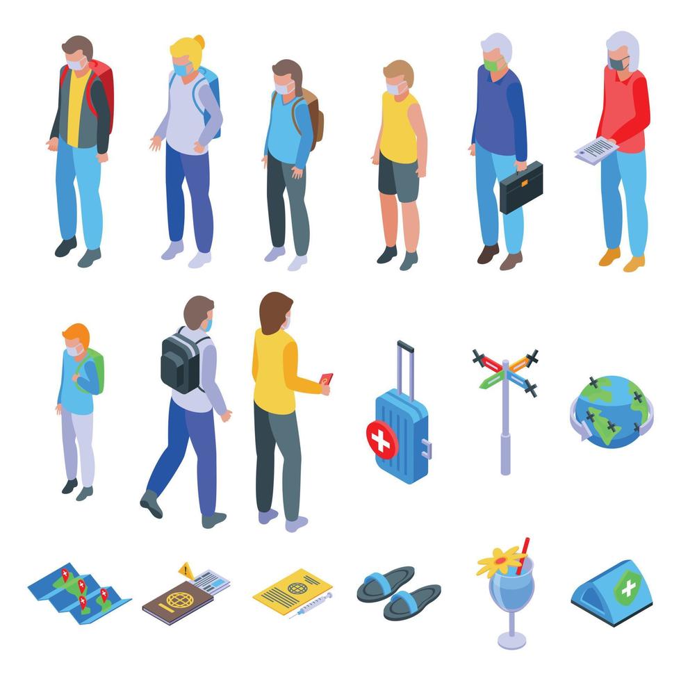 Vacation in mask icons set isometric vector. Road activity vector