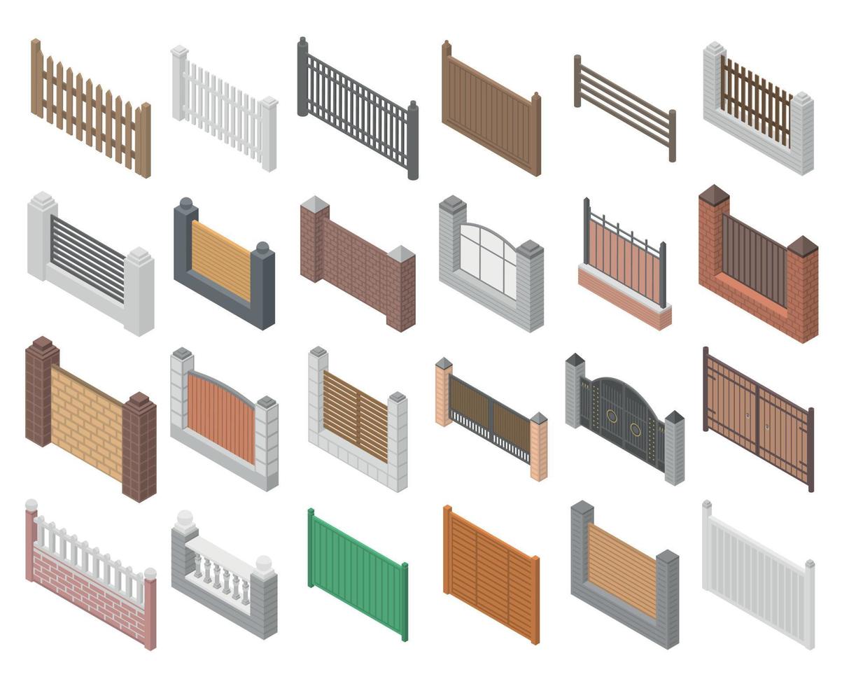 Fence icons set, isometric style vector