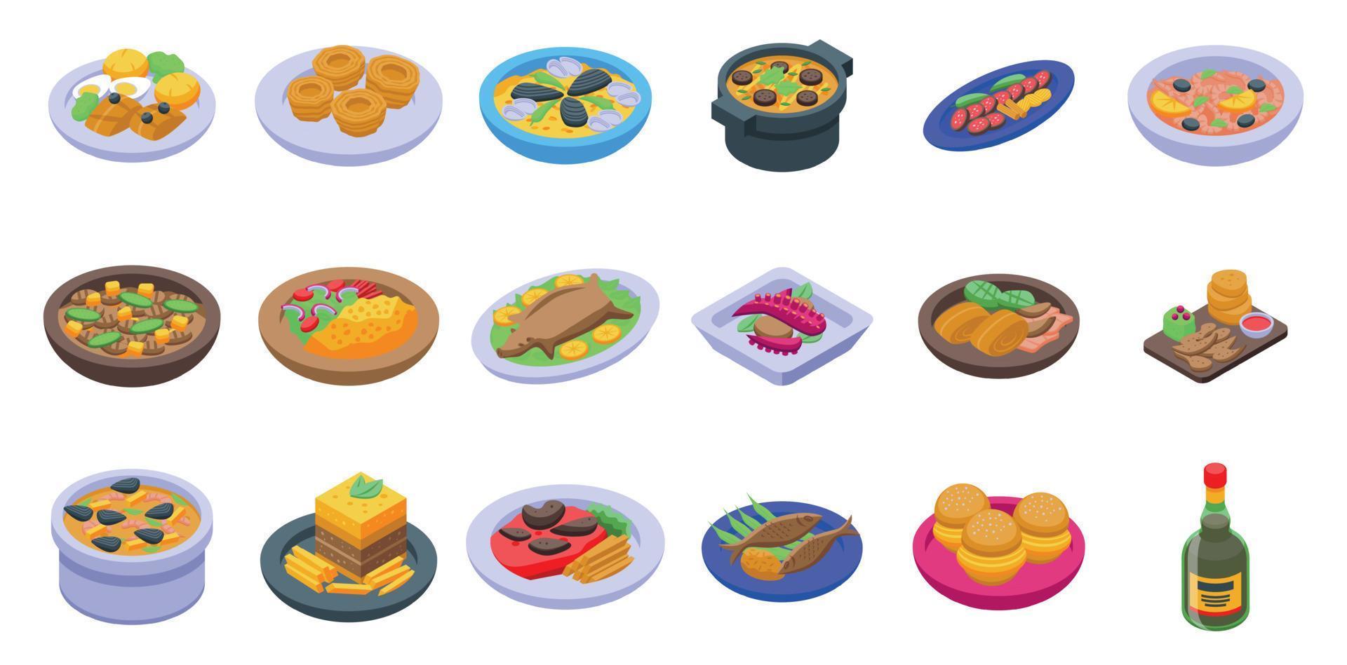 Portugese cuisine icons set isometric vector. Bowl cooking vector