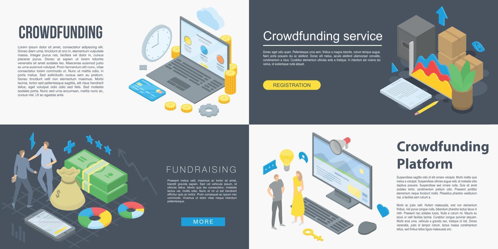 Crowdfunding banner set, isometric style vector